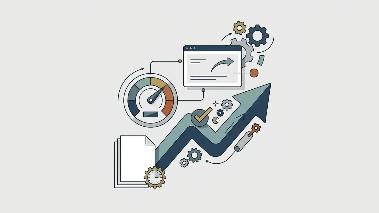 Speed gauge and document icons connecting to an upward arrow and gear system for remote photo editor jobs