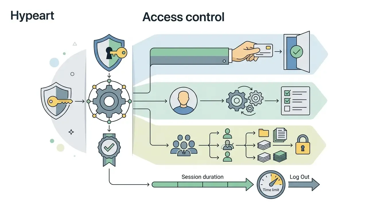 Shield and gear icons branching into user authentication, role management, and session time limit controls
