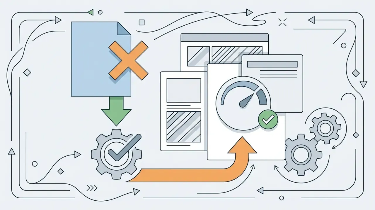 Document with an X mark feeding into a gear mechanism that processes data into a verified gauge report