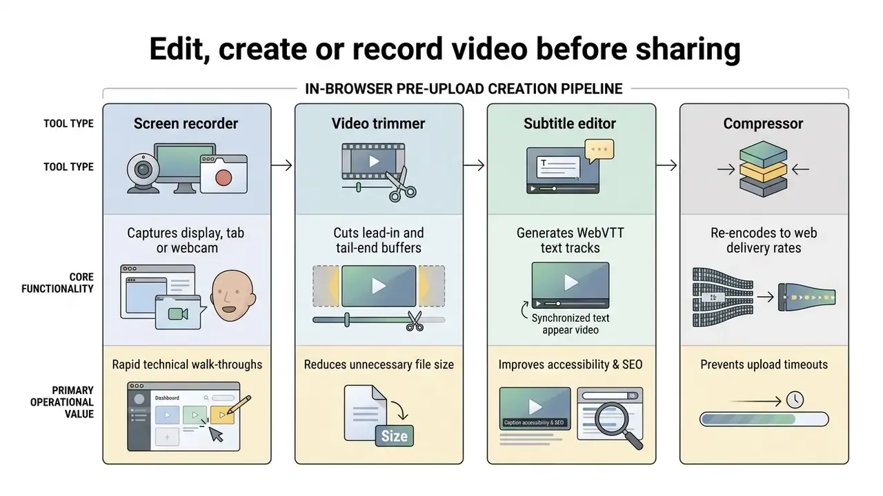 Diagram of a four-step pipeline for recording, trimming, subtitling, and compressing video files