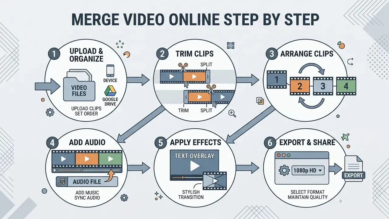 Infographic showing six steps to upload, trim, arrange, add audio, apply effects, and export video files