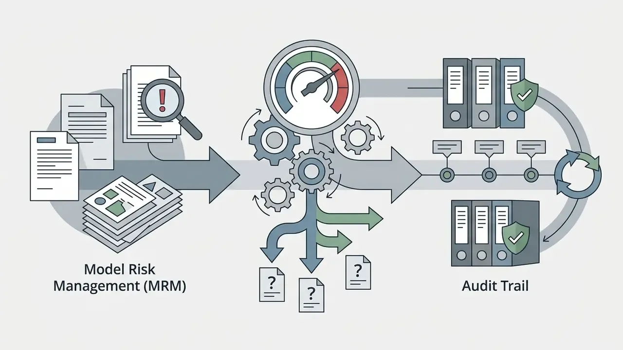Documents flowing through gears and a gauge into a cyclical monitoring system for audit documentation