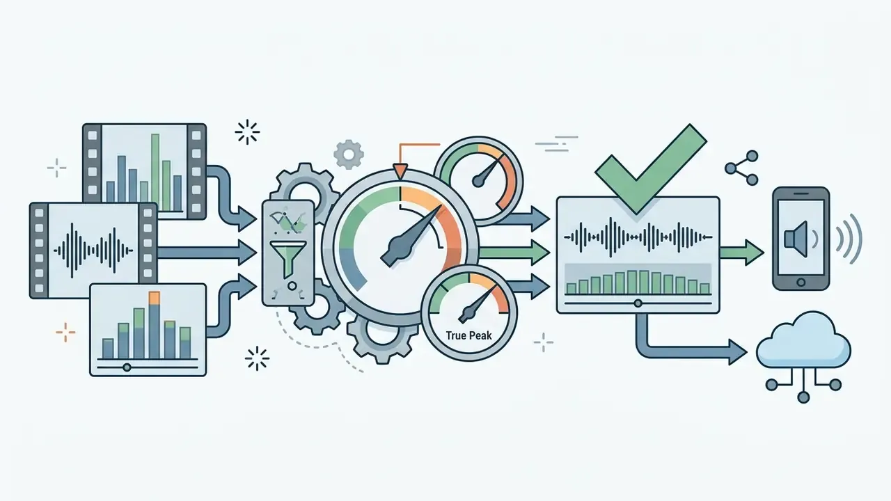 Audio files moving through a gear processor and loudness meters to reach a mobile device and cloud storage