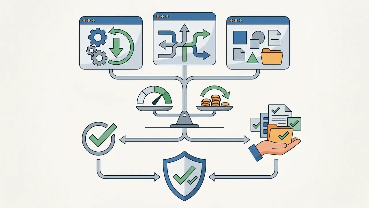 Balance scale weighing processing speed against cost with icons for workflow and output verification
