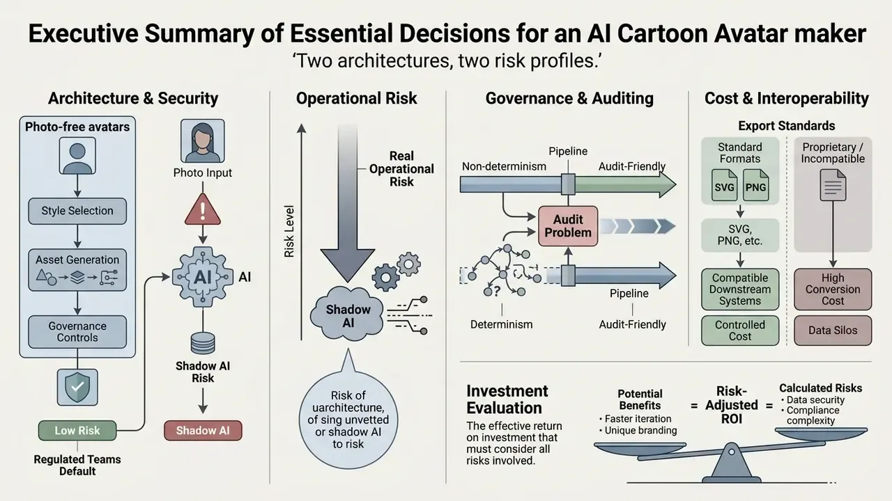 Infographic comparing architecture, operational risk, governance, and cost factors for an AI cartoon avatar maker