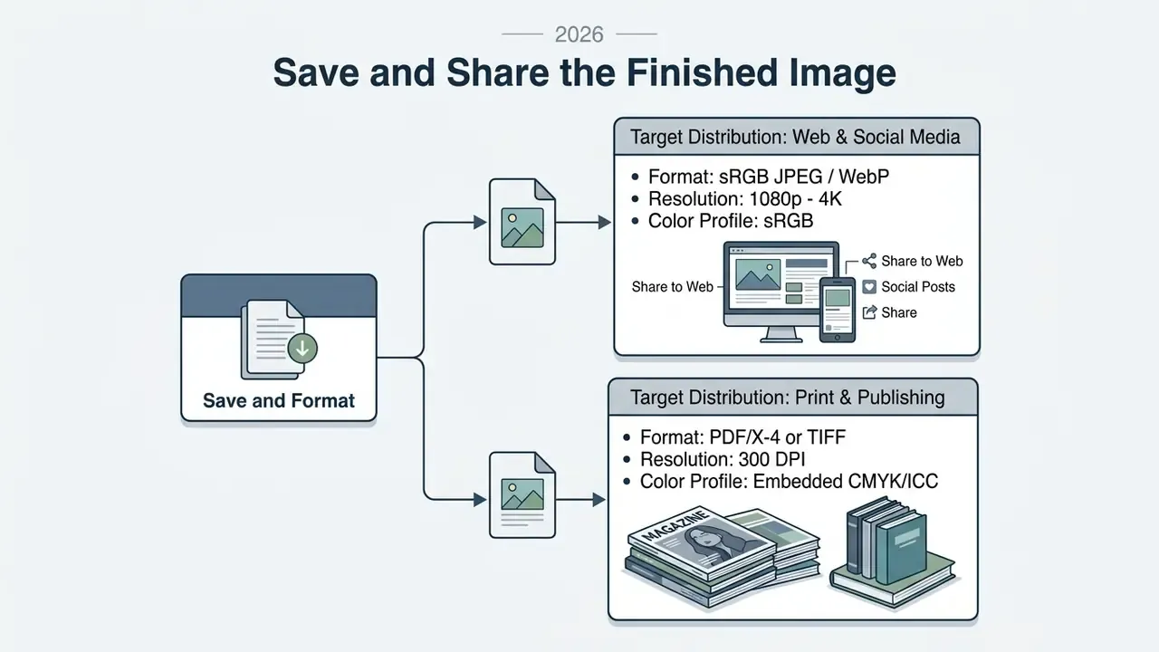 Flowchart showing file format, resolution, and color profile requirements for web and print distribution