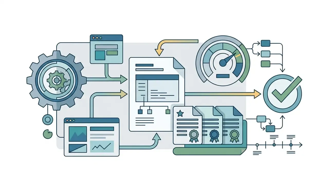 Software windows and gears feed data into a central file that is measured and stamped with certifications
