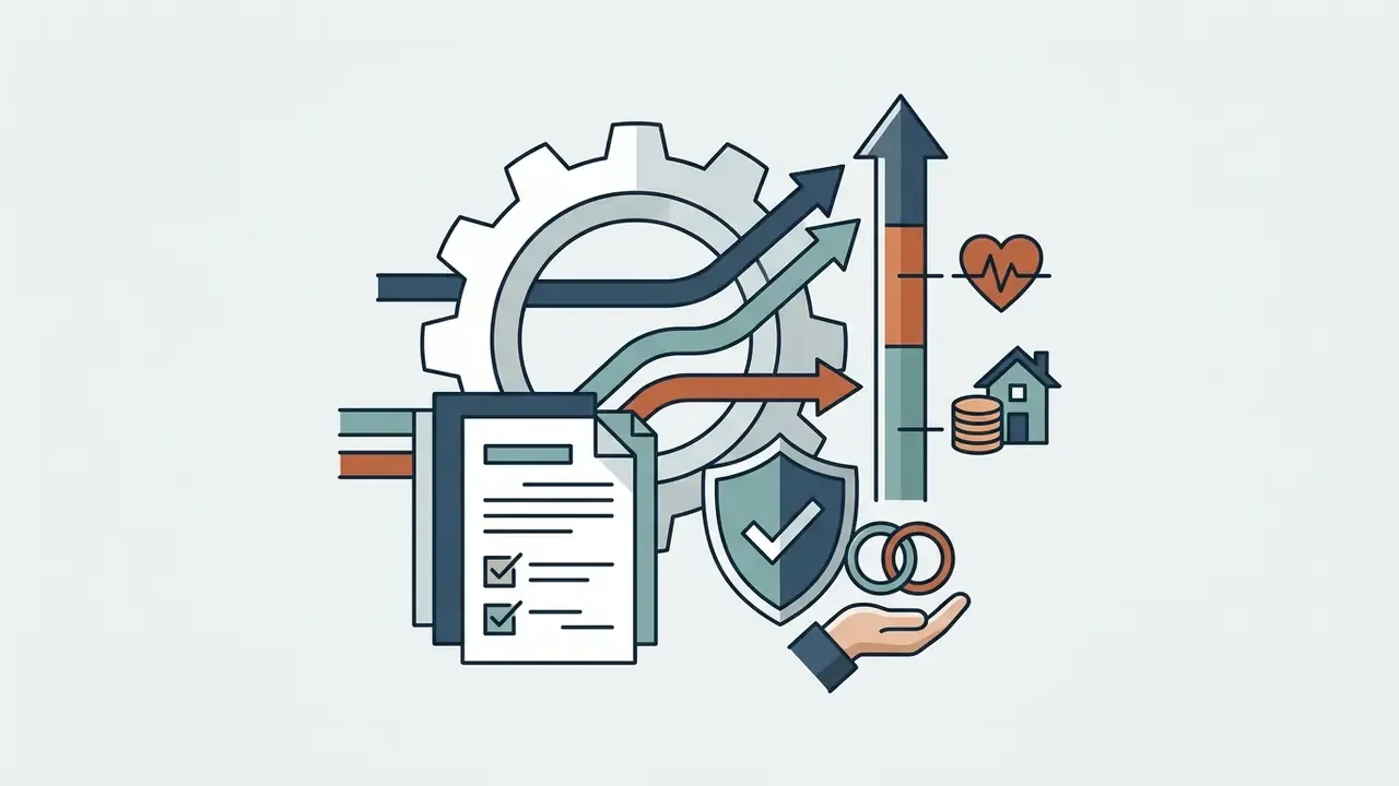 Gear, document, shield, and icons representing health, housing, and financial security for union members