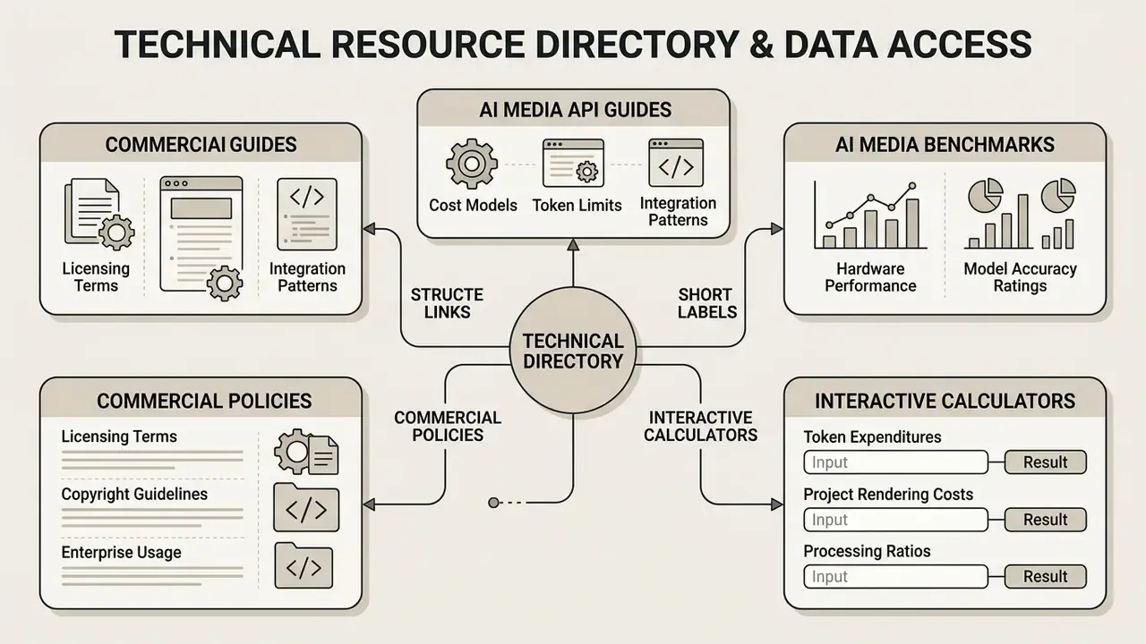 Centralized hub diagram connecting API guides, benchmarks, commercial policies, and cost calculators