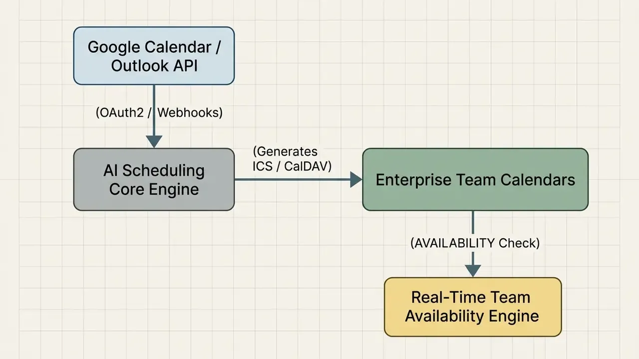 Flowchart connecting calendar APIs to a core engine for generating team calendar data and availability checks