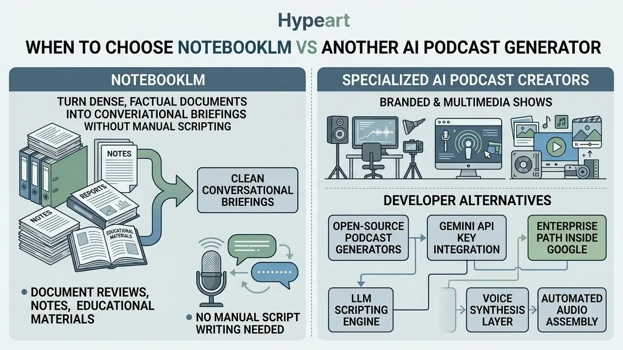 Comparison infographic showing NotebookLM document conversion workflows versus specialized creator tools