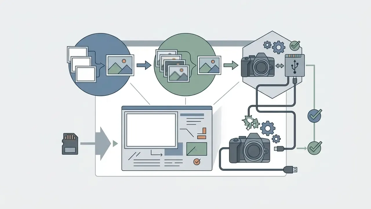 Memory card data flowing into software interface for compositing, focus stacking, and camera tethering