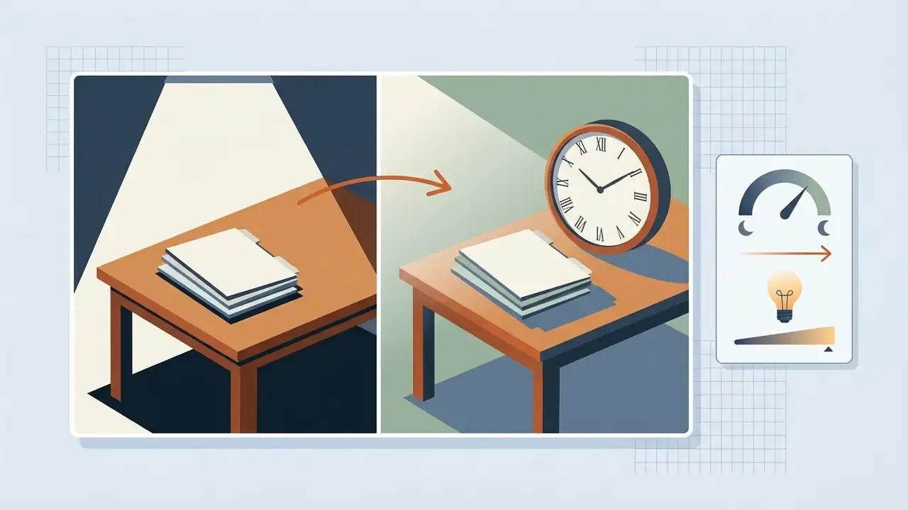 Side-by-side comparison showing a desk scene modified to add a clock with matching evening illumination