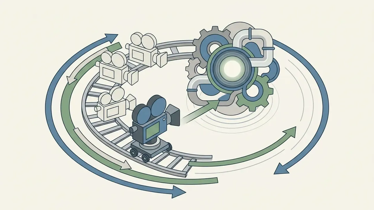Camera on tracks moving toward a central mechanism of gears and pipes representing AI motion control