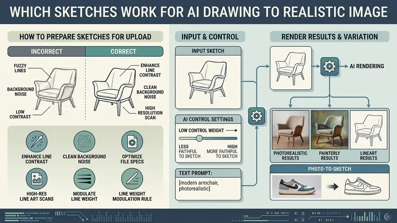 Infographic detailing how to optimize sketches for AI drawing to realistic image conversion