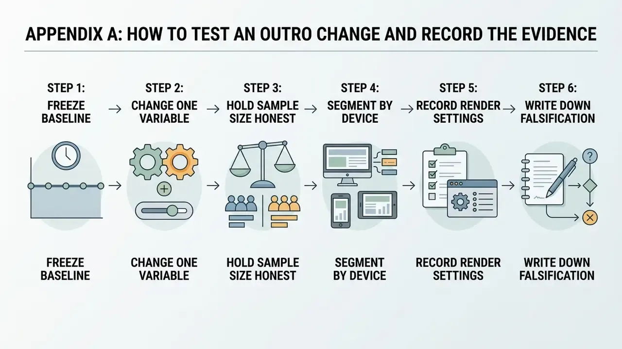 Six step process showing icons for testing video changes through baselines, variables, and data recording