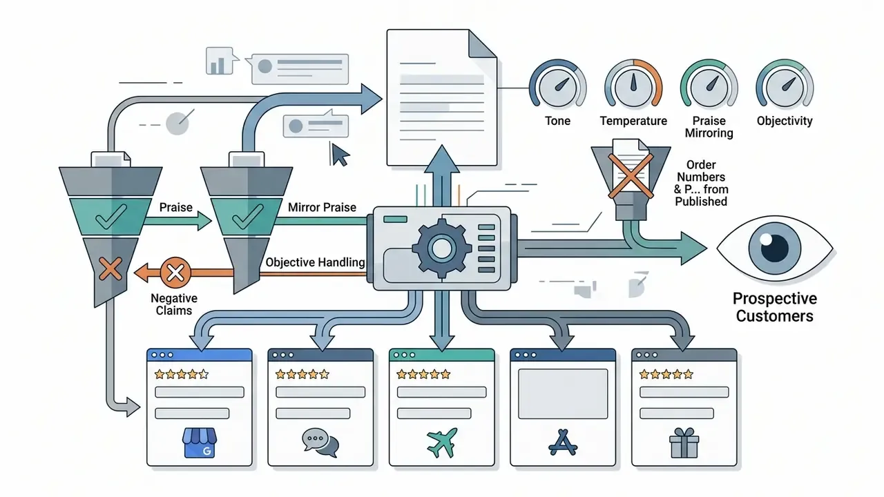 Flowchart showing message filtering and processing for public business reviews and customer visibility