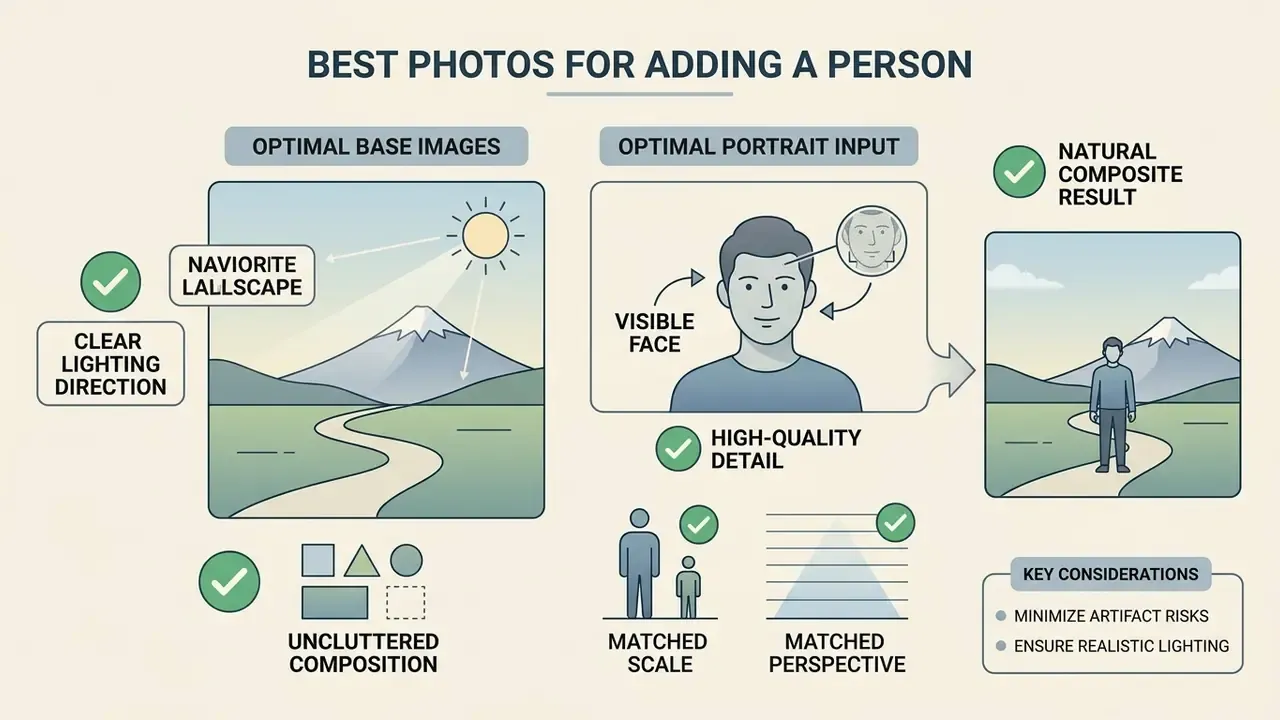 Infographic showing how to choose base images and portraits to add a person to photo online free