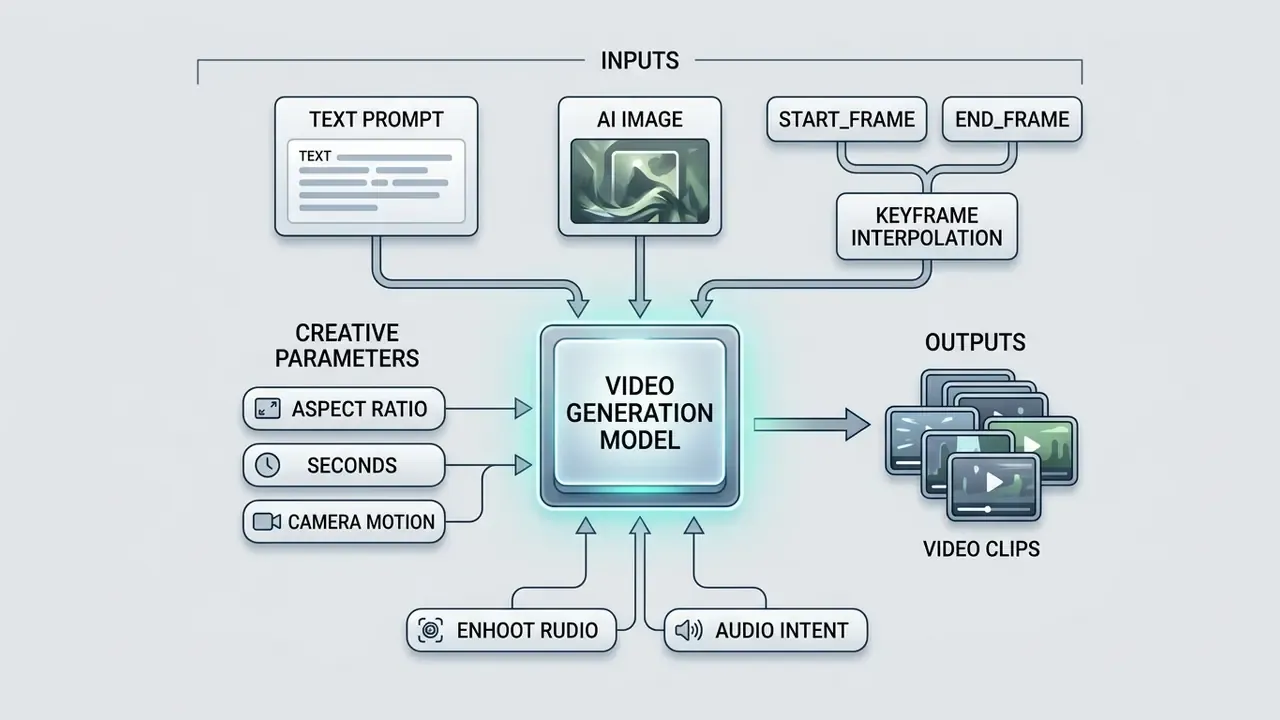 Flowchart showing how various inputs and creative parameters are processed by a video generation model