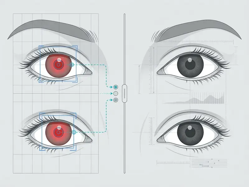 Bounding boxes isolating red pupils with data lines connecting to a central processing control