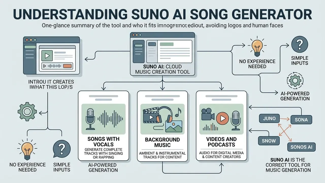 Infographic showing how the Suno AI song generator creates music for various digital media projects