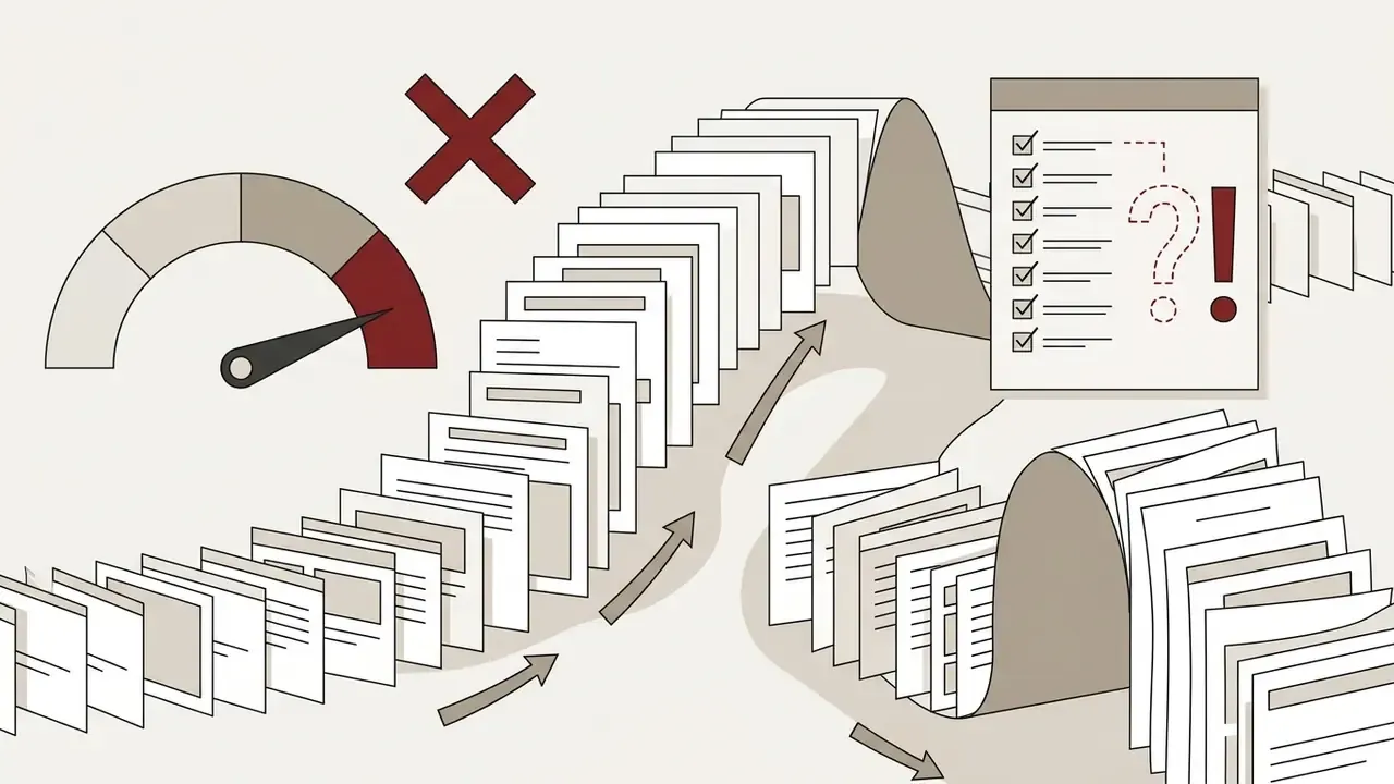 Series of slides moving along a path with a speedometer and a checklist showing potential errors