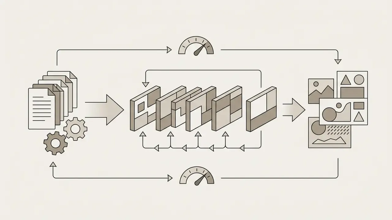 Sequential process showing text documents transforming into image tokens via a feedback loop
