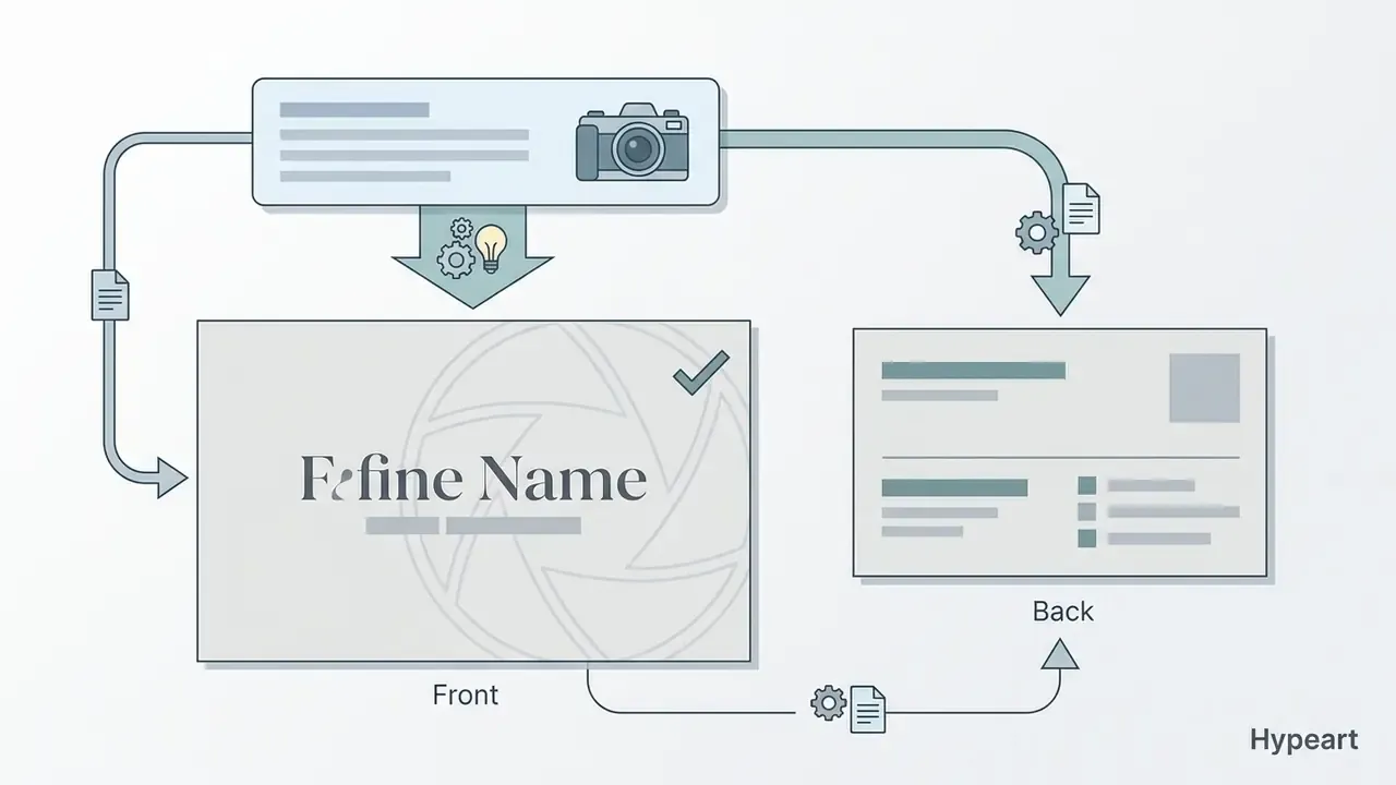 Camera prompt and gear icons processing data into front and back business card designs with file exports
