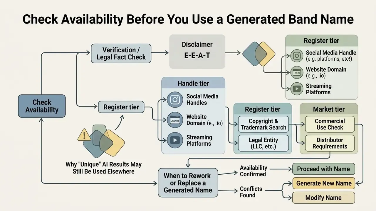 Flowchart outlining the legal and availability verification steps for an AI band name generator