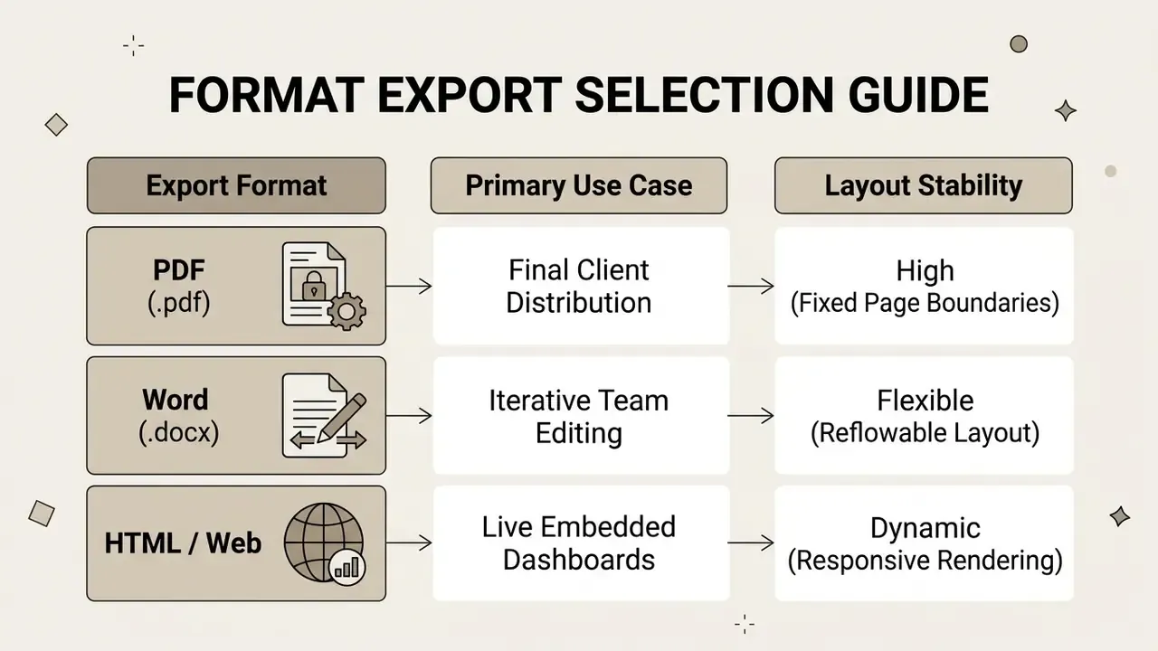 Comparison table listing PDF, Word, and HTML formats alongside their primary use cases and layout stability