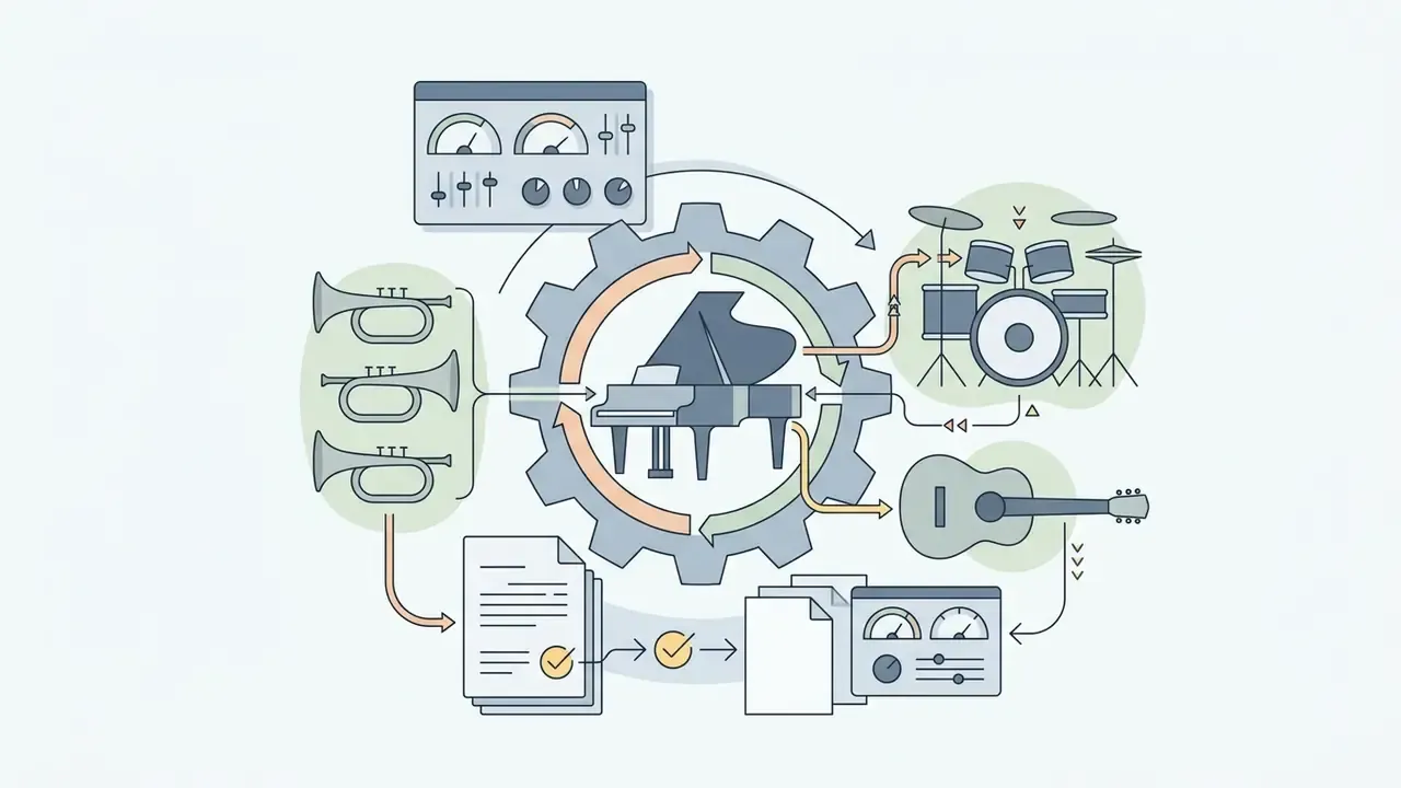 Central gear mechanism integrating piano, brass, drums, and guitar icons with control panels and documents
