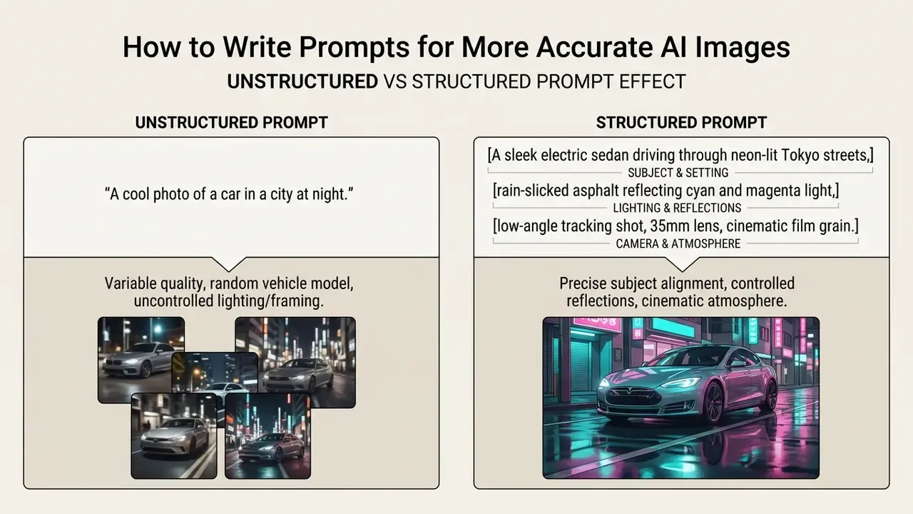 Side by side comparison of unstructured versus structured text prompts and their resulting visual outputs