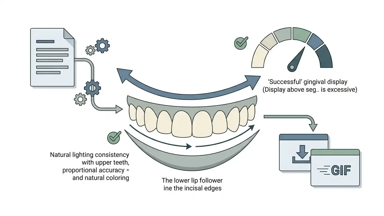 Diagram showing dental display metrics with a gauge for gingival levels and lip alignment indicators