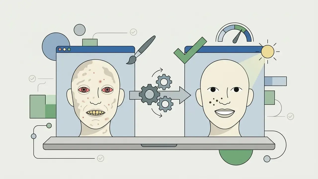 Laptop screen showing a portrait being retouched to smooth skin and brighten teeth while keeping moles