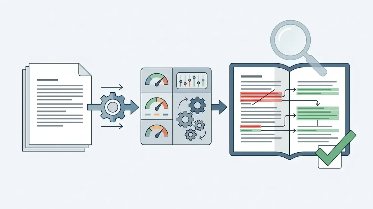 Document passing through a gear mechanism and control panel to a book with highlighted change markers