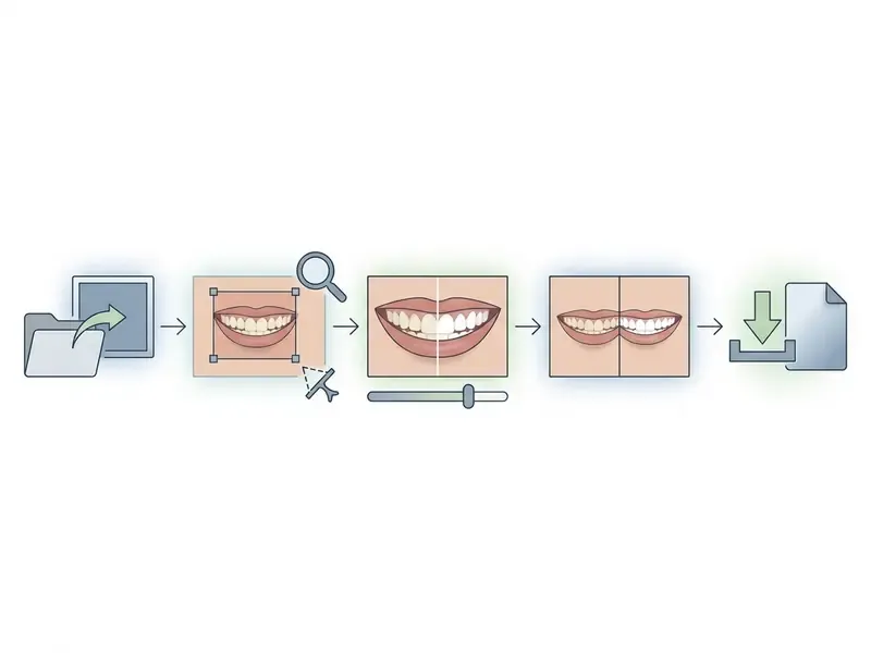 Five-step workflow showing file upload, tool selection, whitening adjustment, comparison, and download