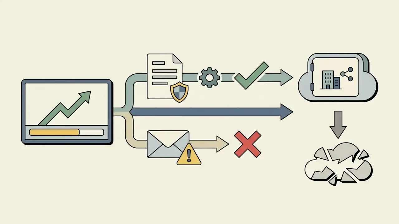 Screen showing data flow branching between approved workspace storage and restricted email accounts