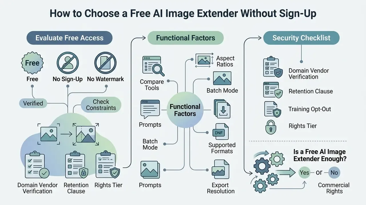 Flowchart outlining criteria for selecting an AI image extender including access, functional factors, and security