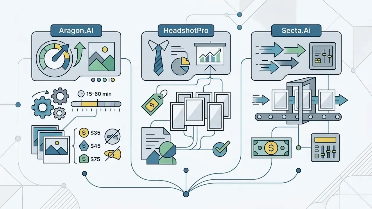 Visual breakdown of service features and pricing for Aragon.AI, HeadshotPro and Secta.Ai