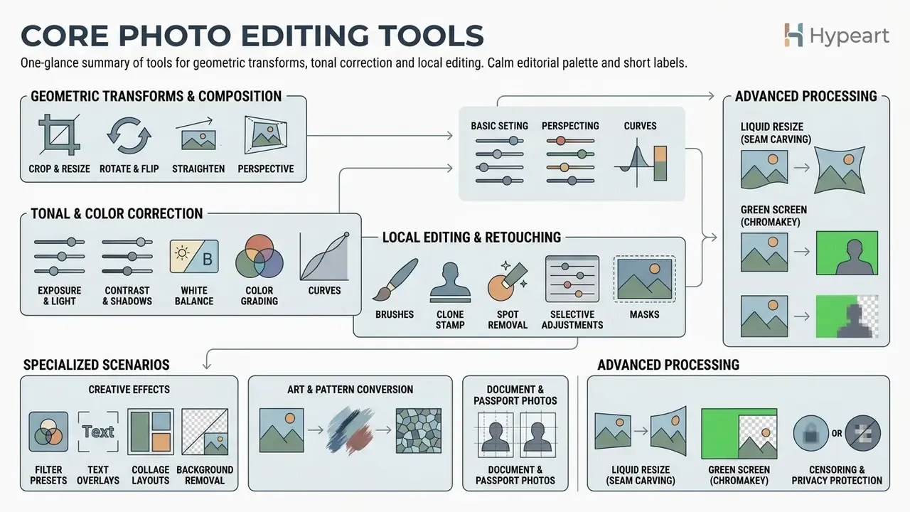 Diagram categorizing digital image functions like geometric transforms, color correction, and retouching