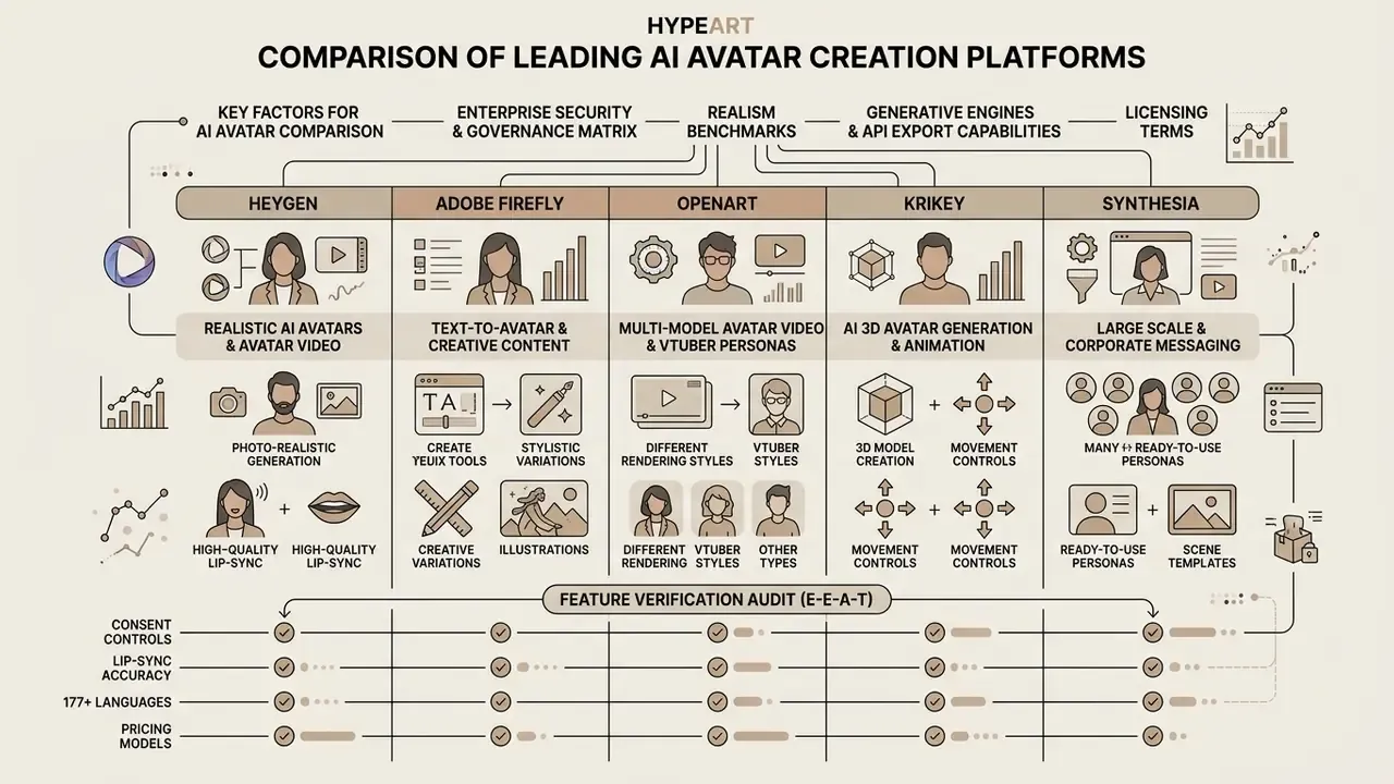 Table comparing features of five AI avatar generators including security, realism, and API capabilities