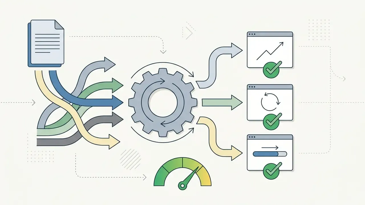 Document data flowing through a central gear to update three separate status windows with checkmarks