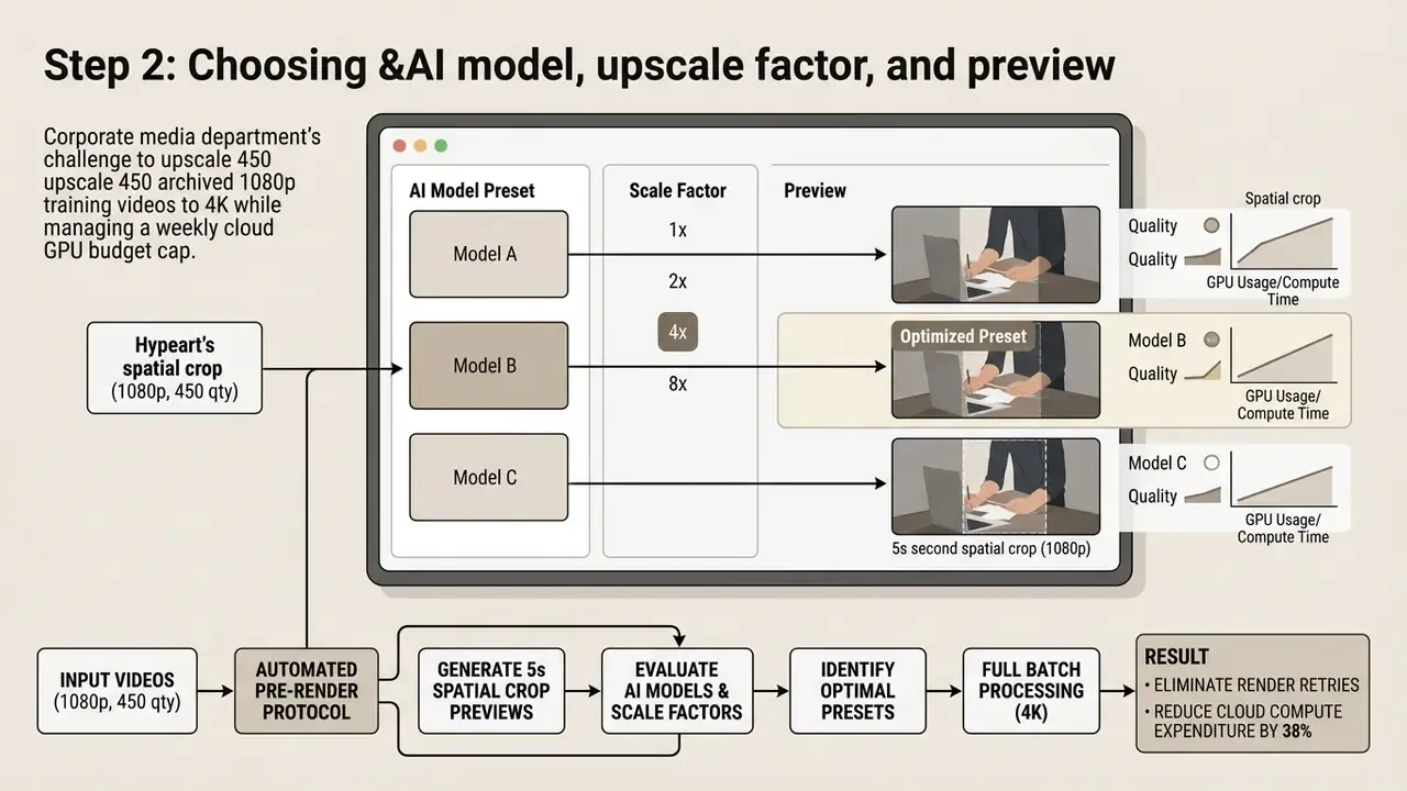 Workflow diagram comparing AI model presets and scale factors to optimize video processing costs