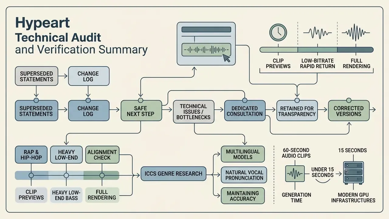 Diagram mapping technical audit workflows for an AI song generator including rendering and data stages