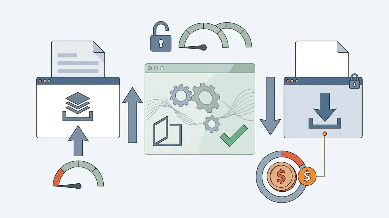 Files moving through a processing center with credit costs and download locks
