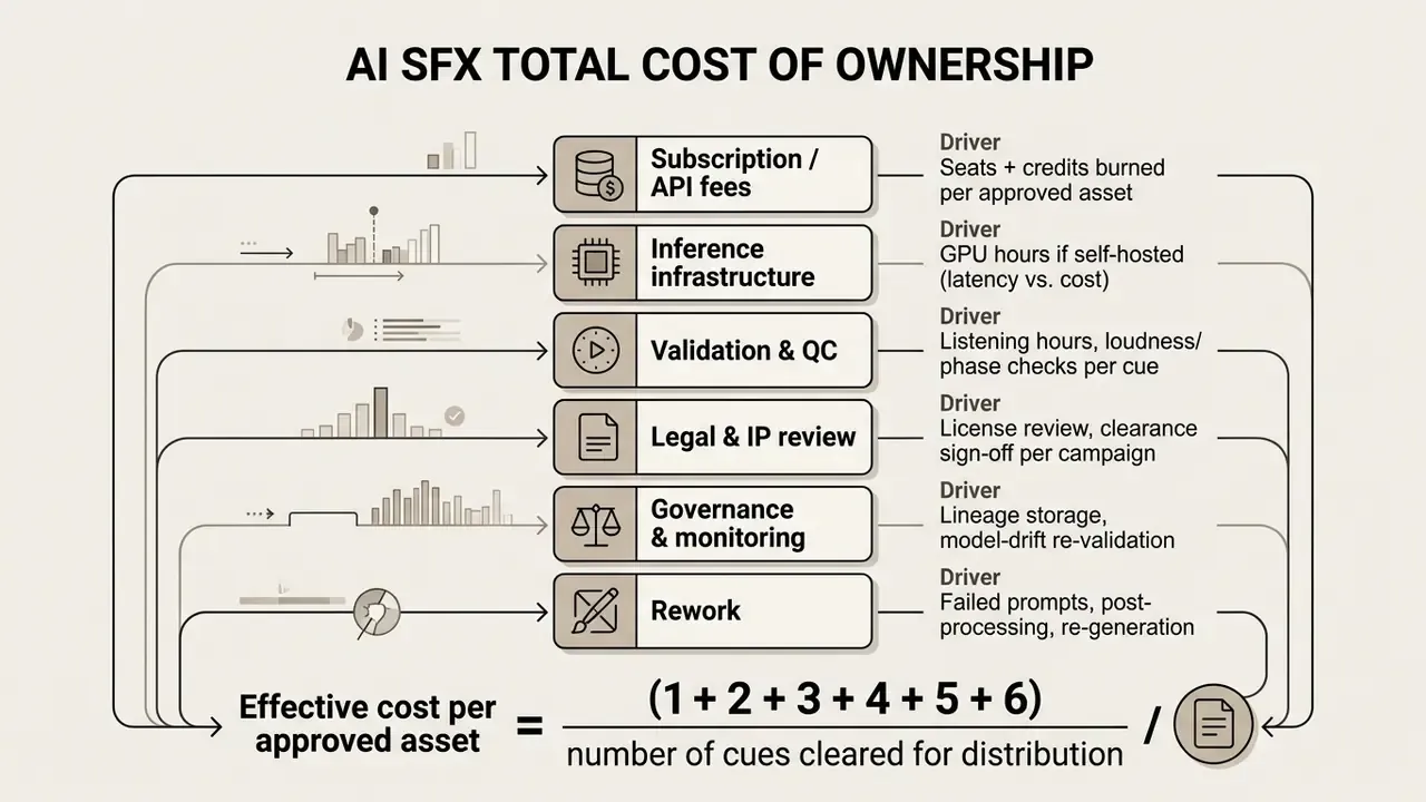 List of six cost drivers for audio generation including infrastructure, legal review, and rework cycles