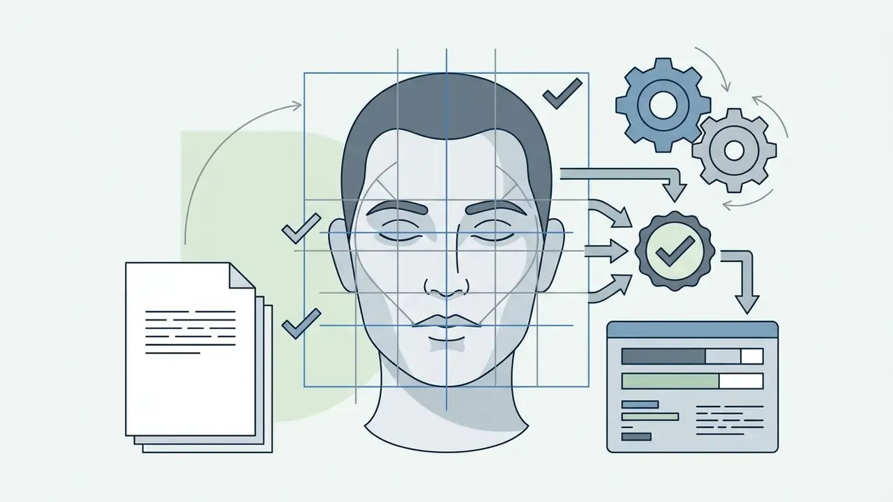 Human face aligned with a grid and checkmarks connected to processing gears and a status display
