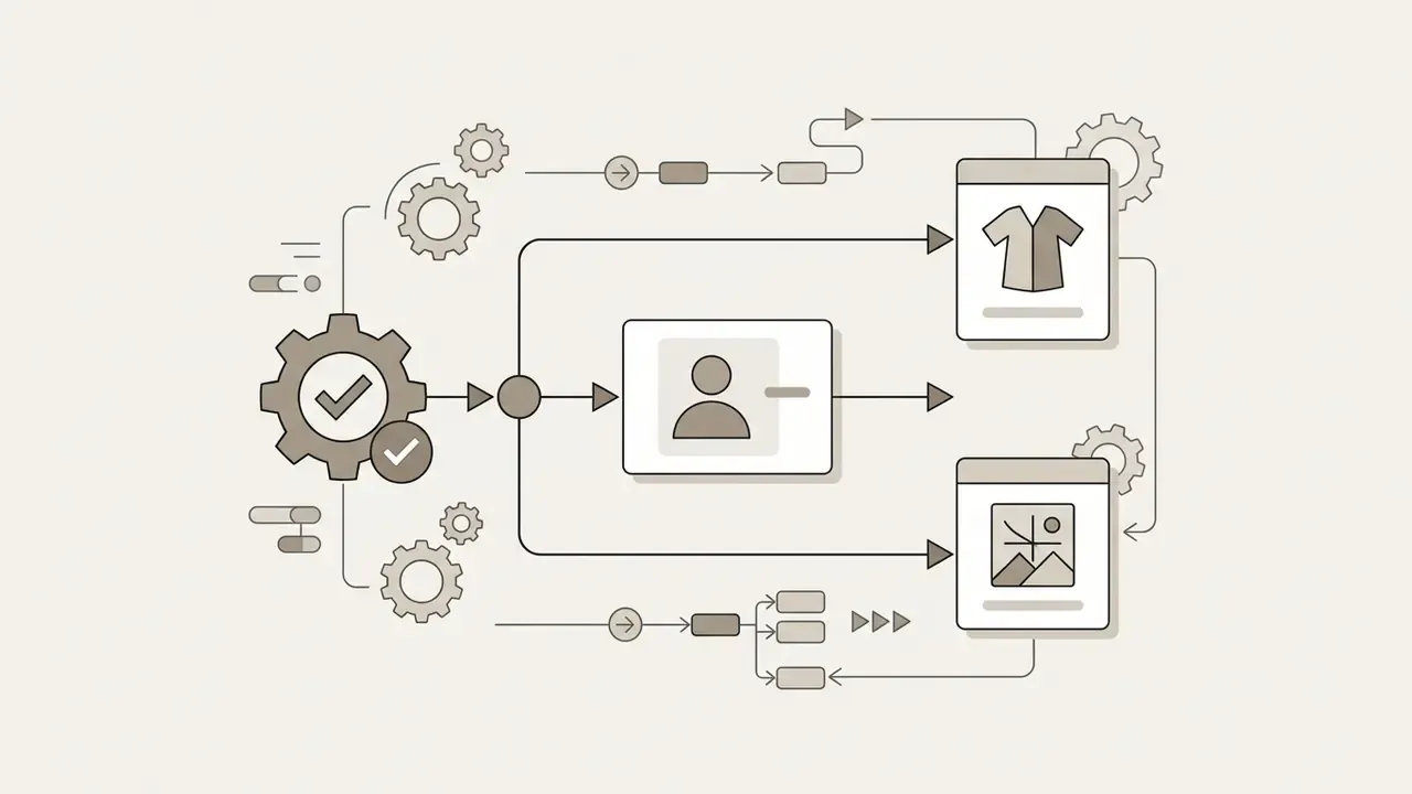 Central gear mechanism branching into separate panels for editing clothing and background elements