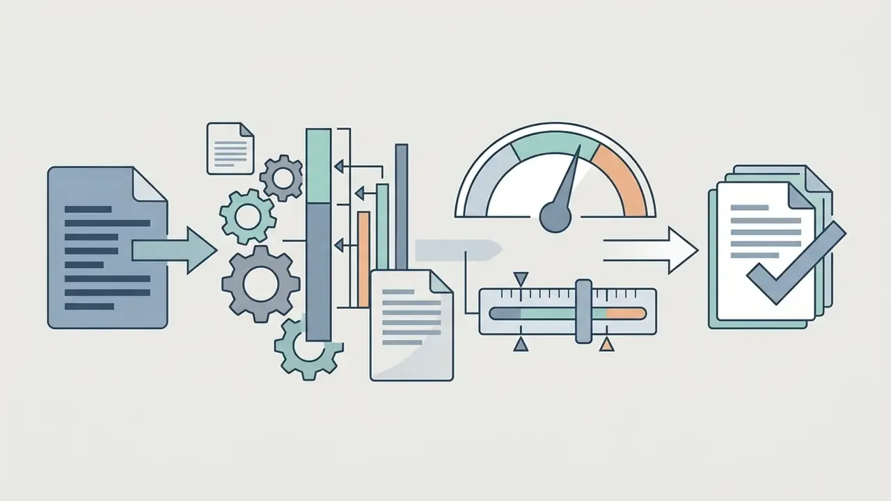 Document processing sequence featuring gear mechanisms, length gauges, and a final verified output file