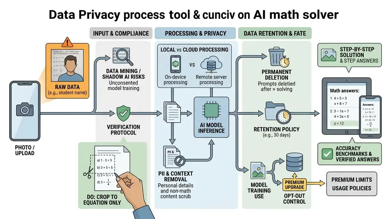 Flowchart detailing data privacy and retention stages for an AI math solver during problem processing